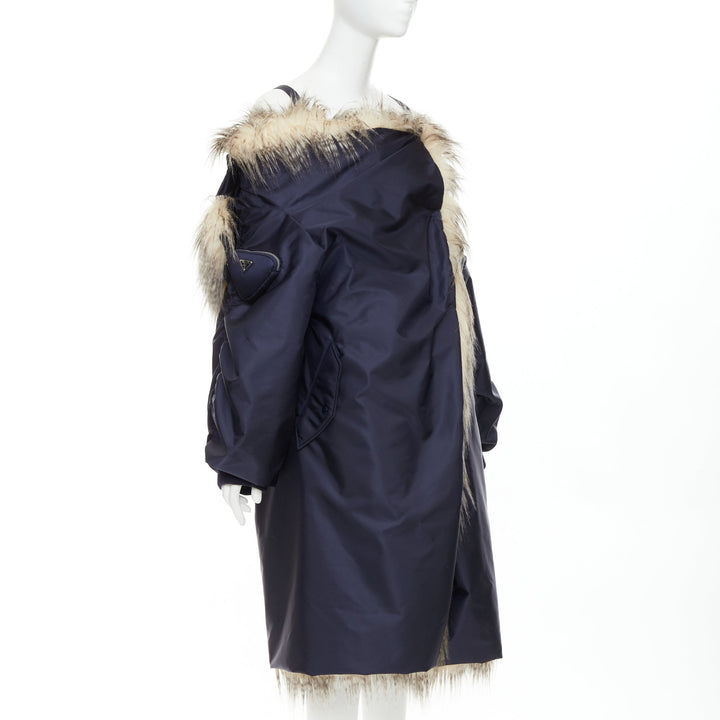 rare PRADA 2021 Runway brown faux fur off shoulder bomber coat IT38 XS Rihanna