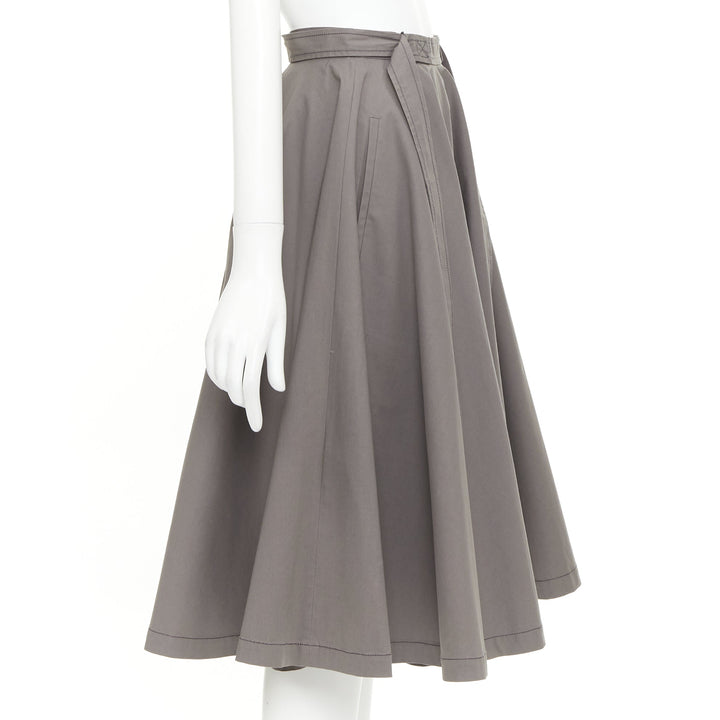 BOTTEGA VENETA grey cotton adjustable 2 sided utility flare midi skirt IT36 XXS