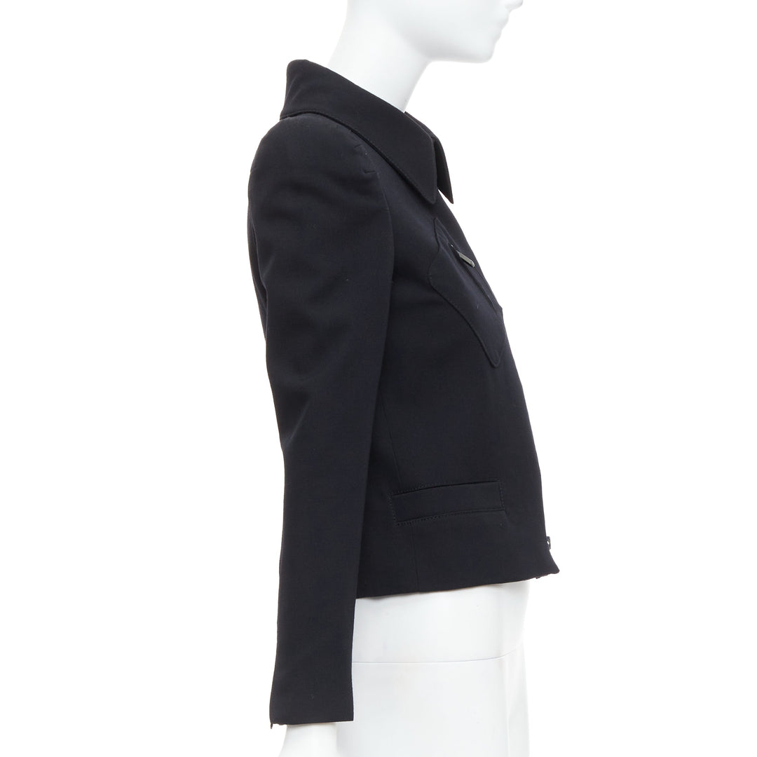 GUCCI 2007 black wool blend 3D shoulder biker crop jacket IT38 XS