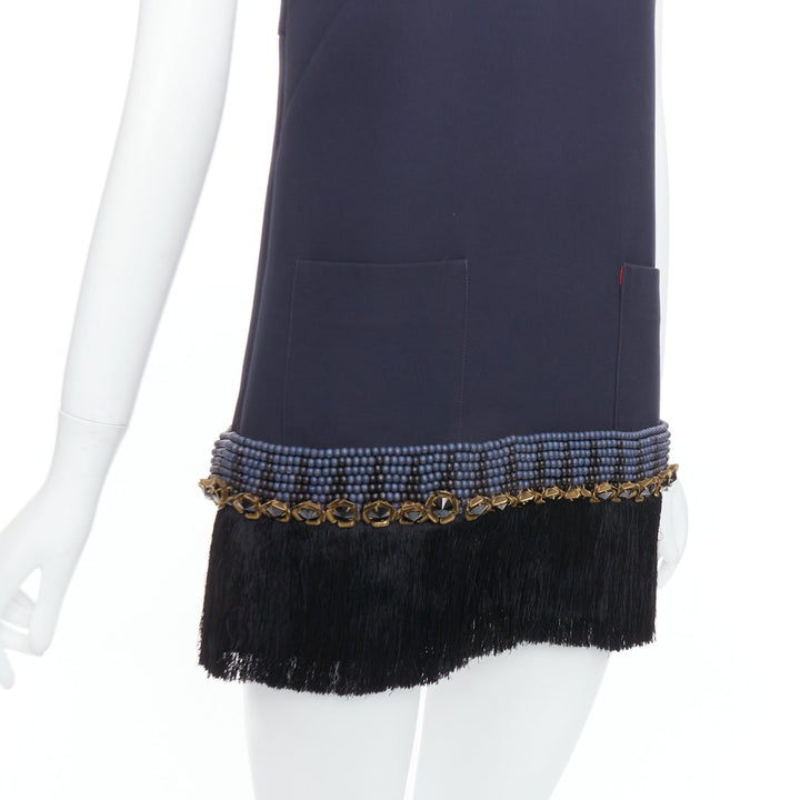 MARNI navy copper fringe bead embellished hem tunic dress IT38 XS