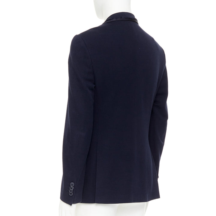 ETRO New Jersey navy cotton raw edge grosgrain paisley lined blazer IT48 M