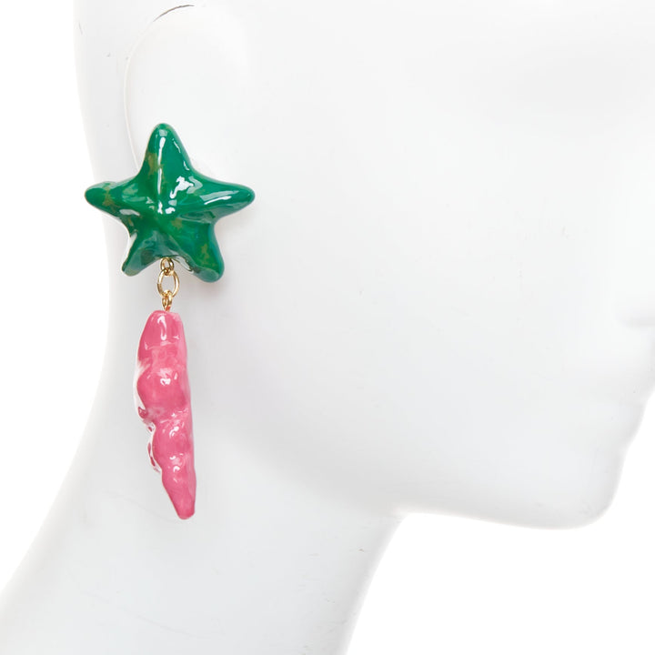 SAINT LAURENT green star pink seashell glazed resin gold brass clip earring Pair