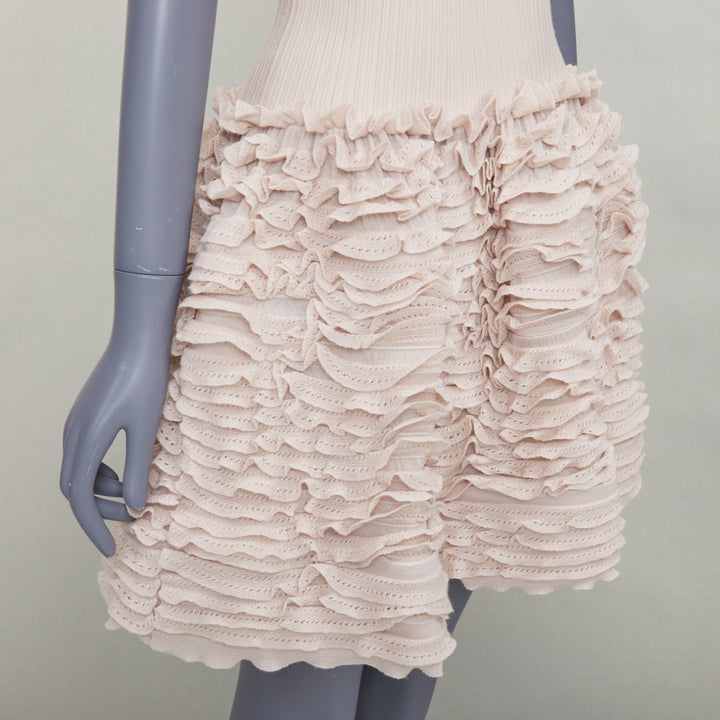 ALAIA pink beige wool blend square neck tiered ruffle cocktail dress FR36 S