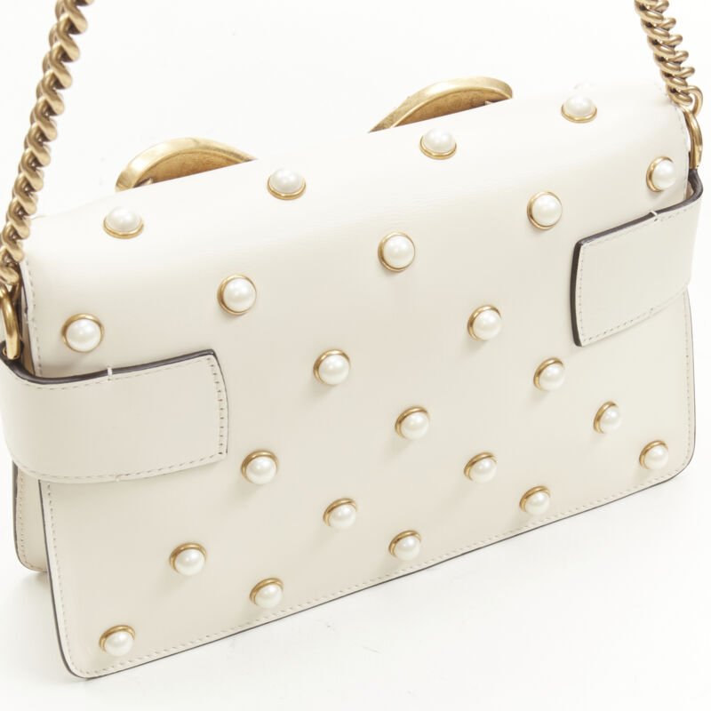 GUCCI Queen Margaret Embellished Bee pearl stud white flap crossbody bag