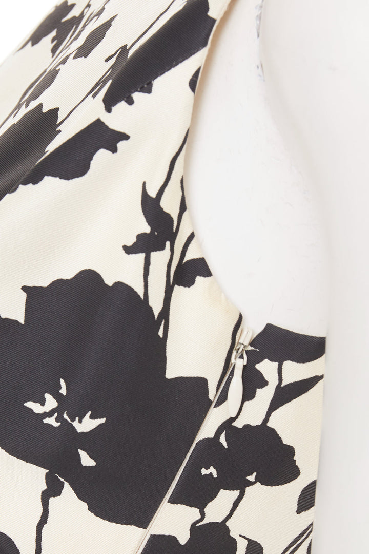 OSCAR DE LA RENTA R08  poppy floral black white silk feather hem dress US0 XXS