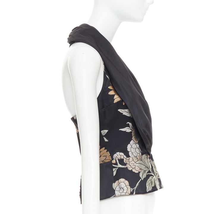 GIORGIO ARMANI black silk oriental floral jacquard Tback vest waistcoat IT36 XXS
