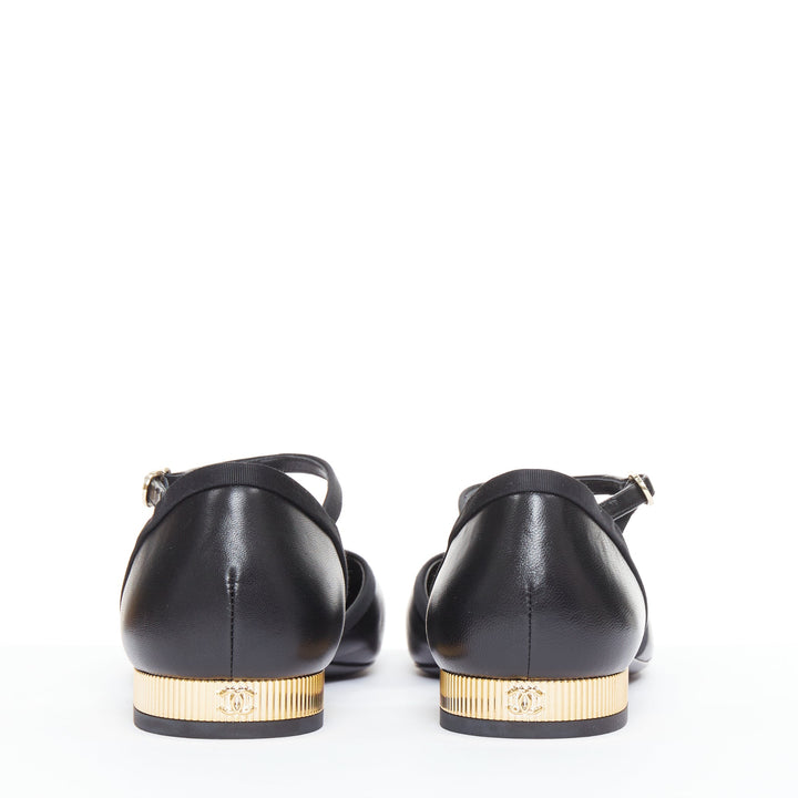 CHANEL 20C black leather grosgrain cap toe gold CC heel mary jane flats EU40