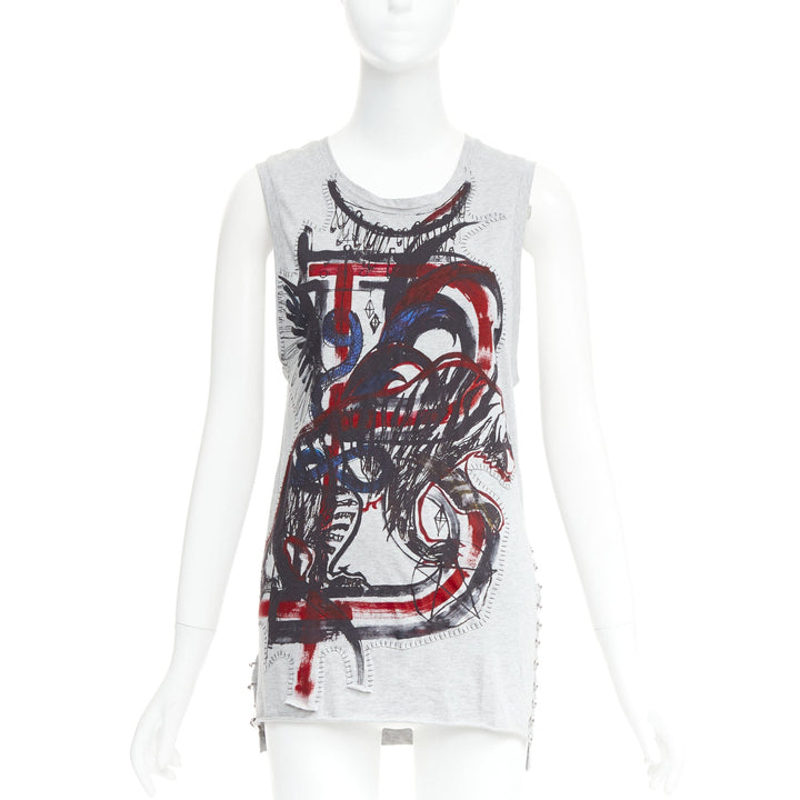 BALMAIN 2011  Christophe Decarnin Punk Graffiti silver pin ripped tank FR38 M