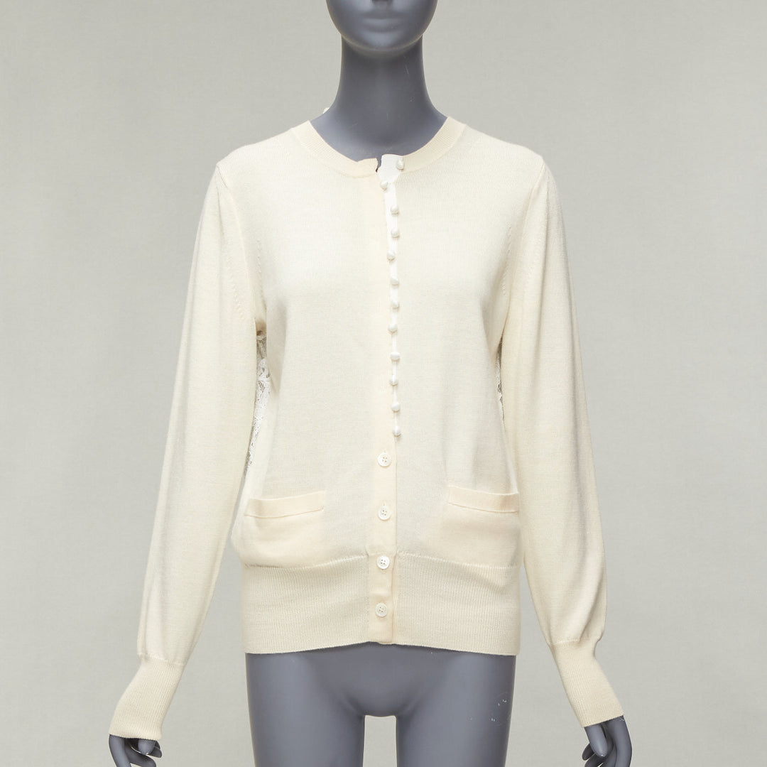 SACAI LUCK cream 100% wool flared lace back wrapped buttons cardigan JP3 L