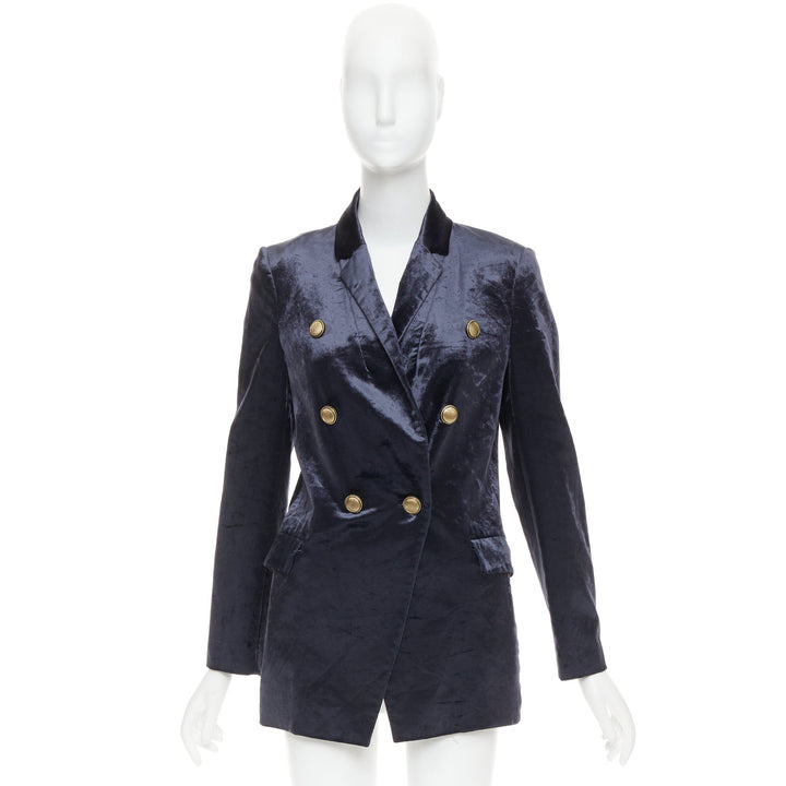 BRUNELLO CUCINELLI navy velvet brass logo buttons double breasted blazer IT40 S