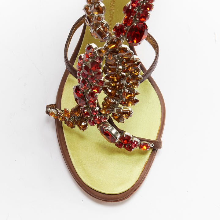 GIUSEPPE ZANOTTI red yellow rhinestone embellished brown leather sandals EU38