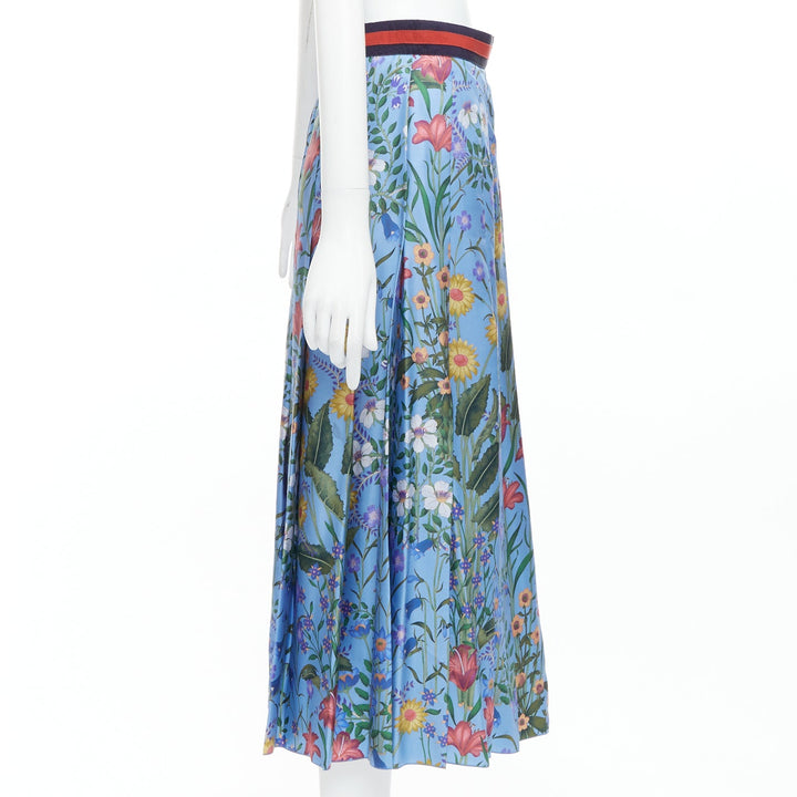 GUCCI 2016 New Flora 100% silk blue bloom pleated skirt IT42 M