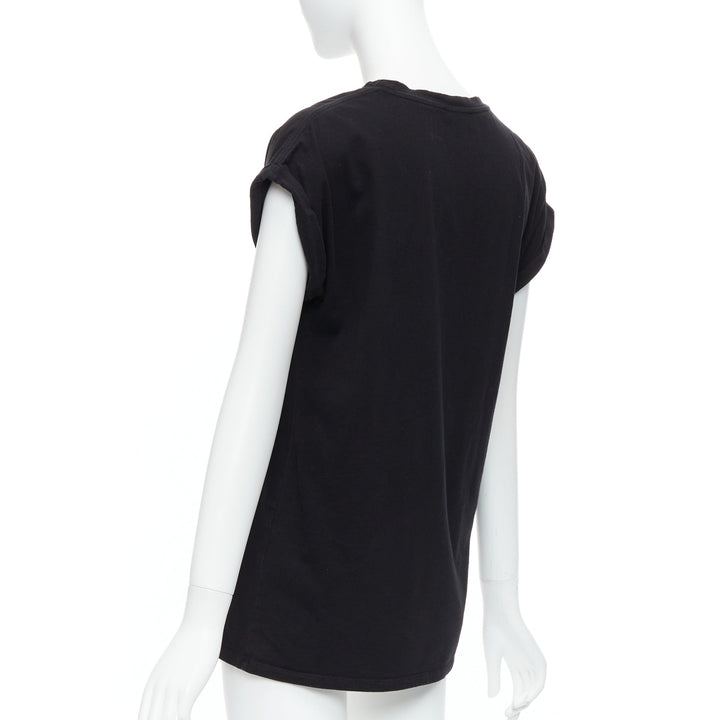 BALMAIN black cotton rolled cuff cap sleeve minimal tshirt FR34 XS