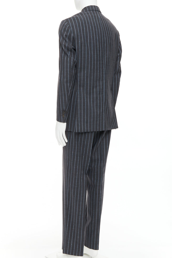 ETRO grey blue pinstripe 100% wool single breasted blazer jacket IT50 L