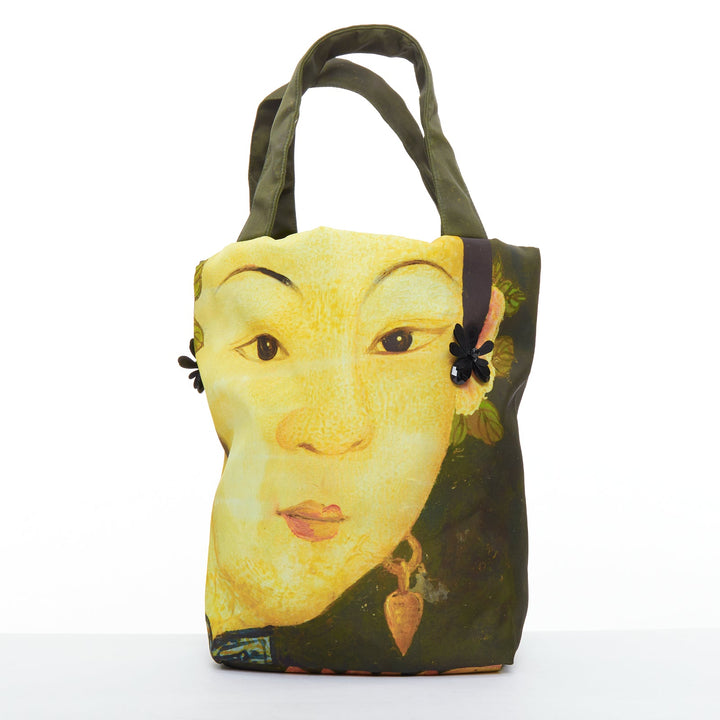 rare SIMONE ROCHA Ming Dynasty Maiden print embellished green nylon tote bag