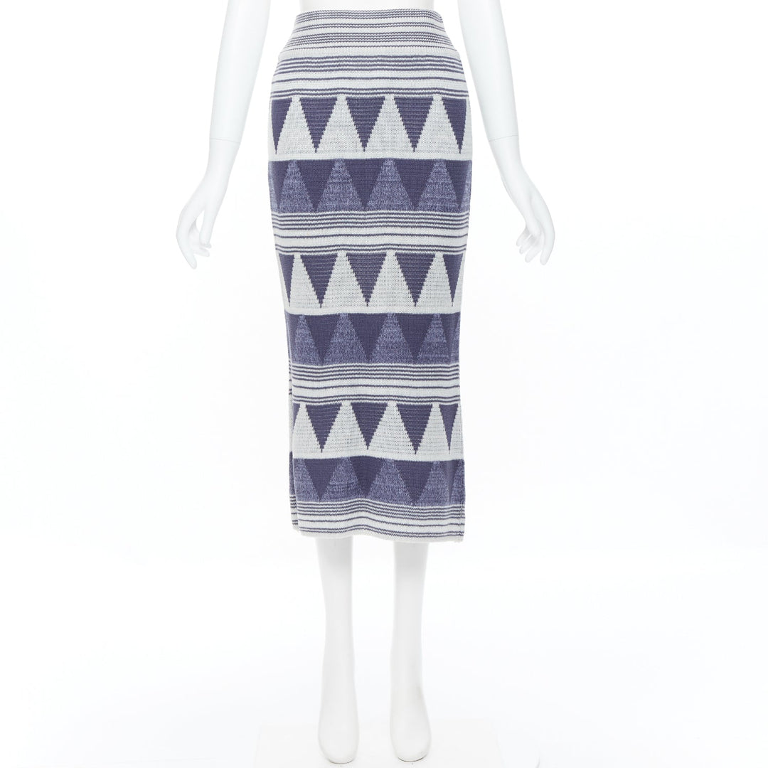 ISSEY MIYAKE 1980's Vintage blue grey ethnic geometric cotton knit midi skirt M
