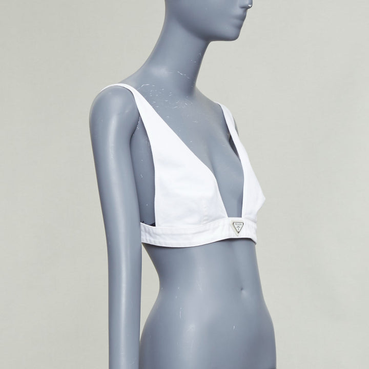 PRADA 2022 white distressed denim triangle logo plunge bralette crop top IT42 M