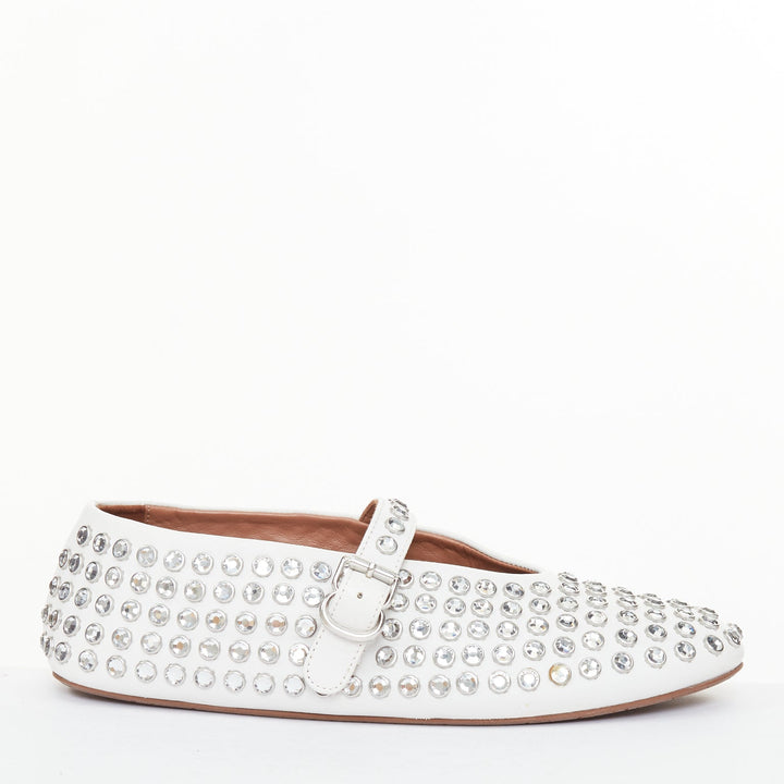 ALAIA 2023 Strass white lambskin crystal embellished mary jane ballet flats EU38
