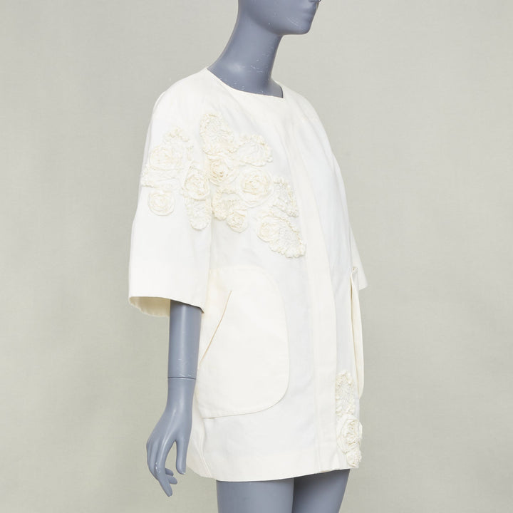 NINA RICCI 2012 ivory white floral rose applique half sleeve button coat M