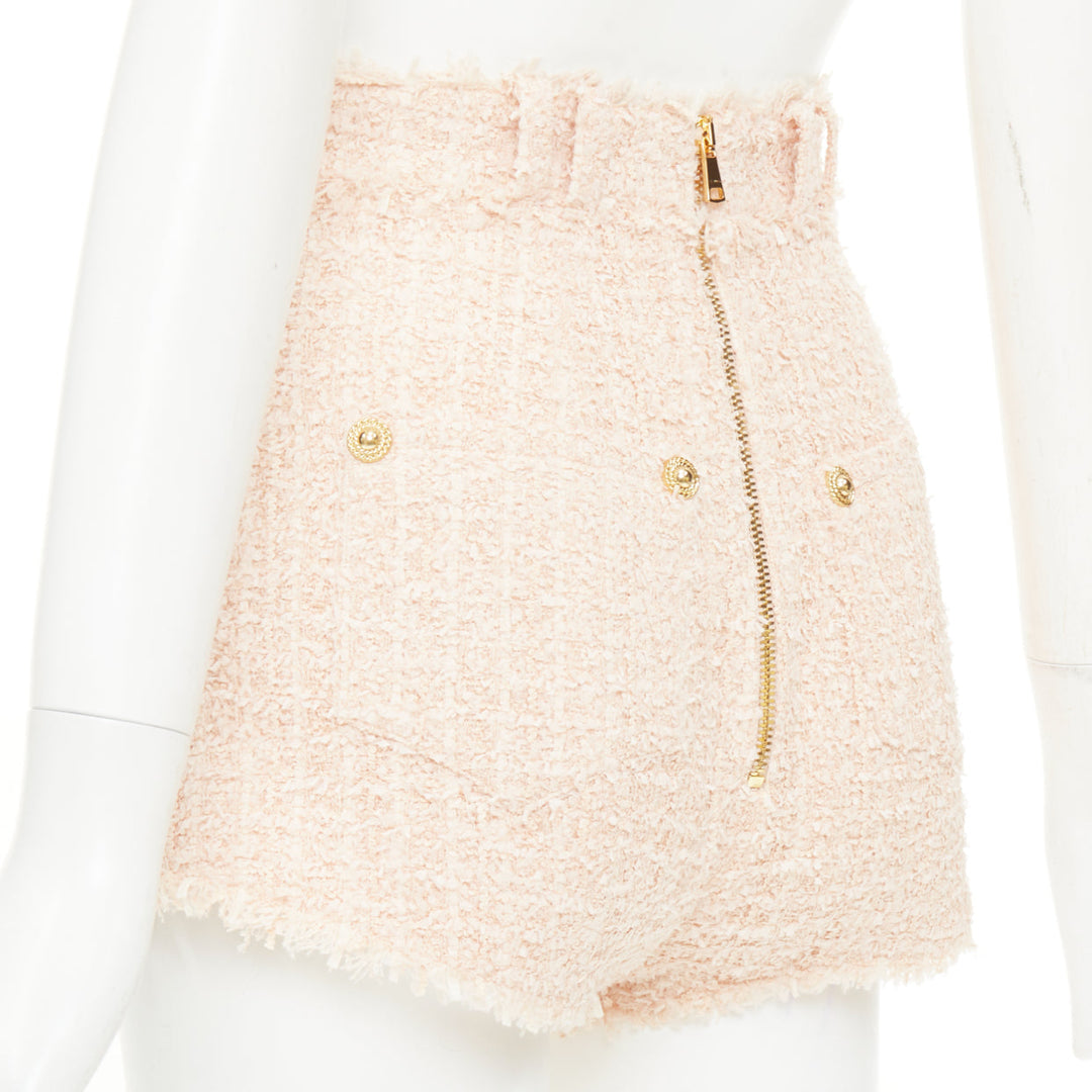 BALMAIN 2024 pink fringe lion head button high waist boucle tweed shorts FR34 XS