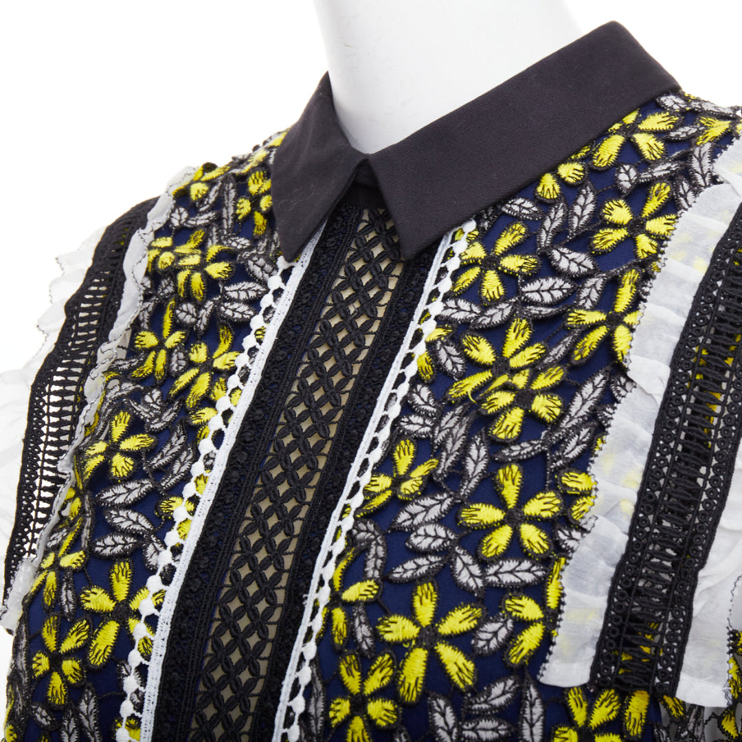SELF PORTRAIT Eleina Sculpted Daisy Guipure yellow lace floral dress UK4 XXS