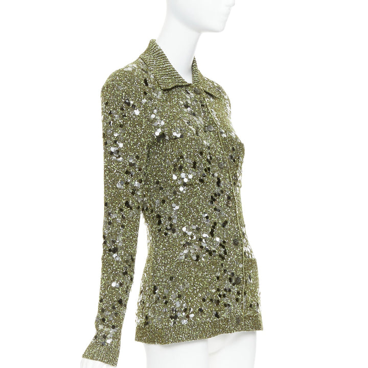 GUCCI De Sarno dark green boucle knit multi pailettes cardigan S