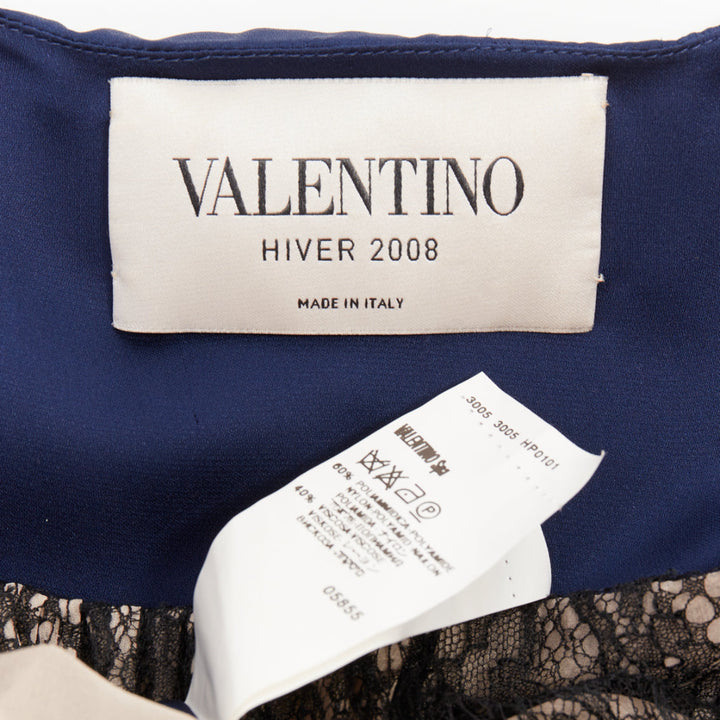 VALENTINO 2008 Vintage black lace overlay nude navy satin back mini dress UK6 XS