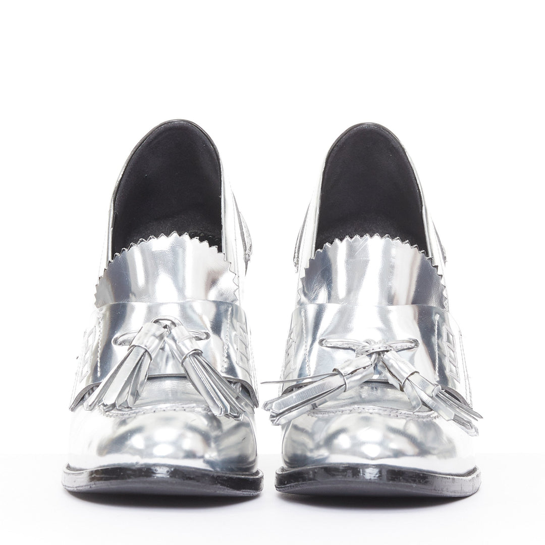 STELLA MCCARTNEY 2014 silver metallic kiltie tassel loafer block heel pumps EU37