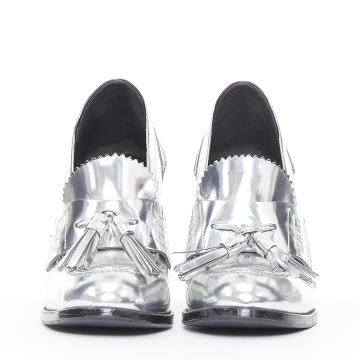STELLA MCCARTNEY 2014 silver metallic kiltie tassel loafer block heel pumps EU37