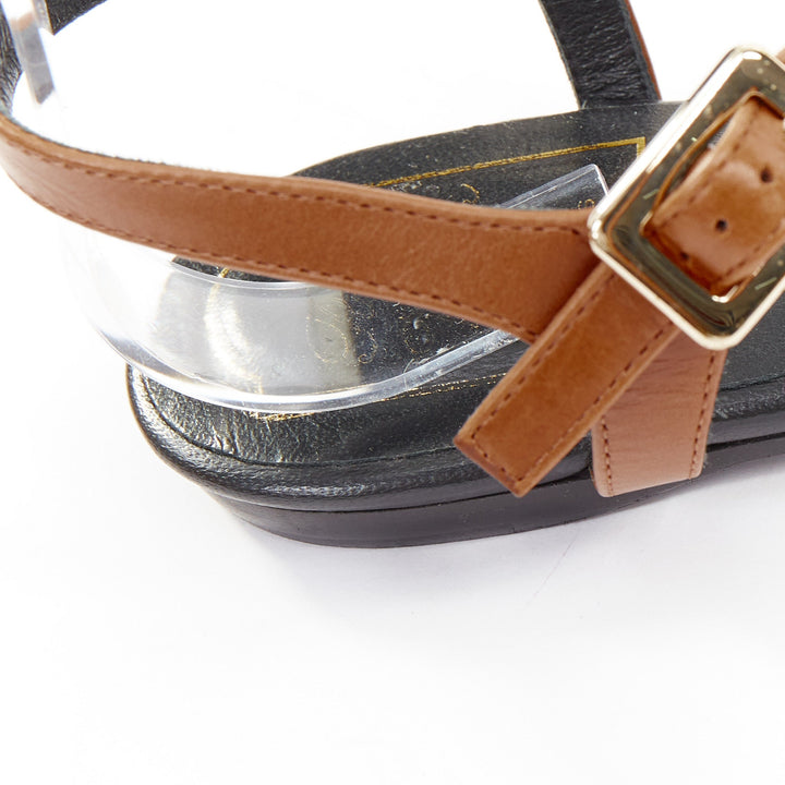 ROGER VIVIER Chips brown leather gold buckle tstrap comfort thong sandals EU37