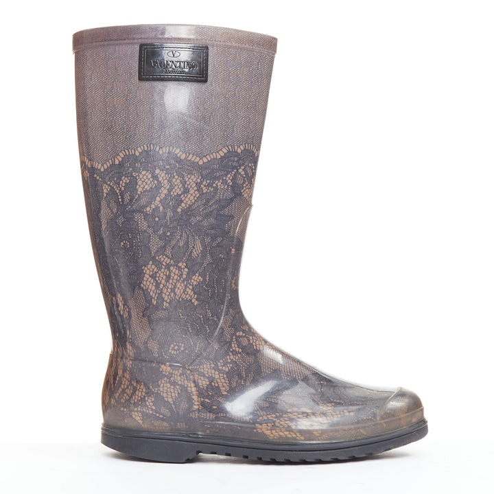 VALENTINO GARAVANI grey nude lace print rubber rain boots EU39