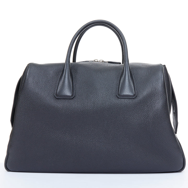 PRADA Vitello Daino metal logo black pebbled calfskin travel weekender tote bag