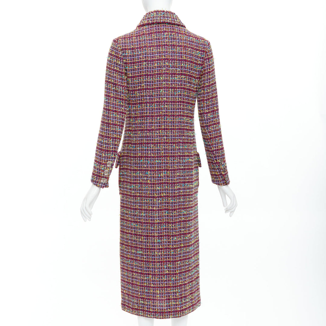 CHANEL 2023 Runway pink yellow multicolor tweed  CC button long coat FR36 S