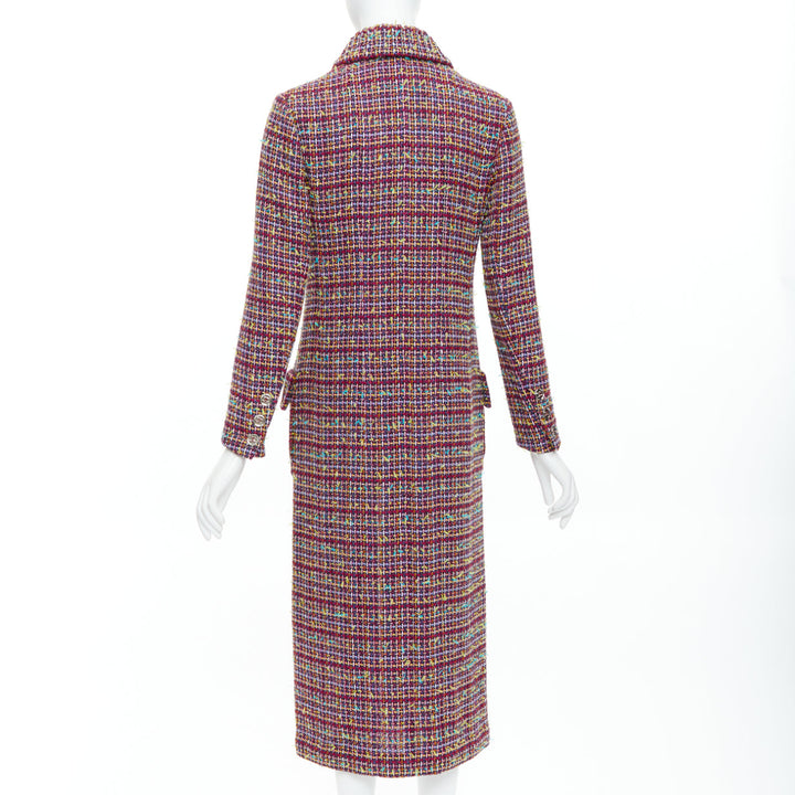 CHANEL 2023 Runway pink yellow multicolor tweed  CC button long coat FR36 S