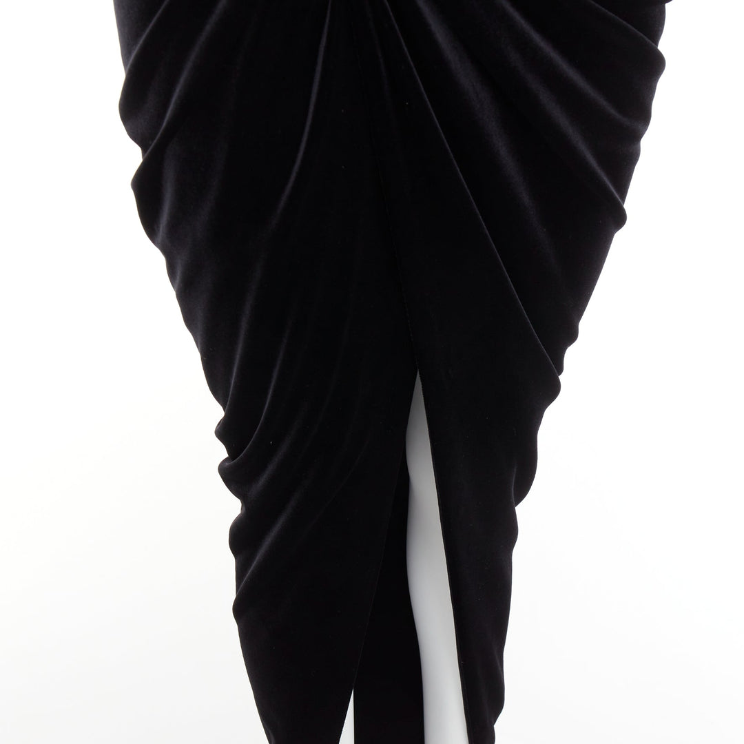 ALEXANDRE VAUTHIER black velvet Power shoulder padded wrap drape slit gown dress