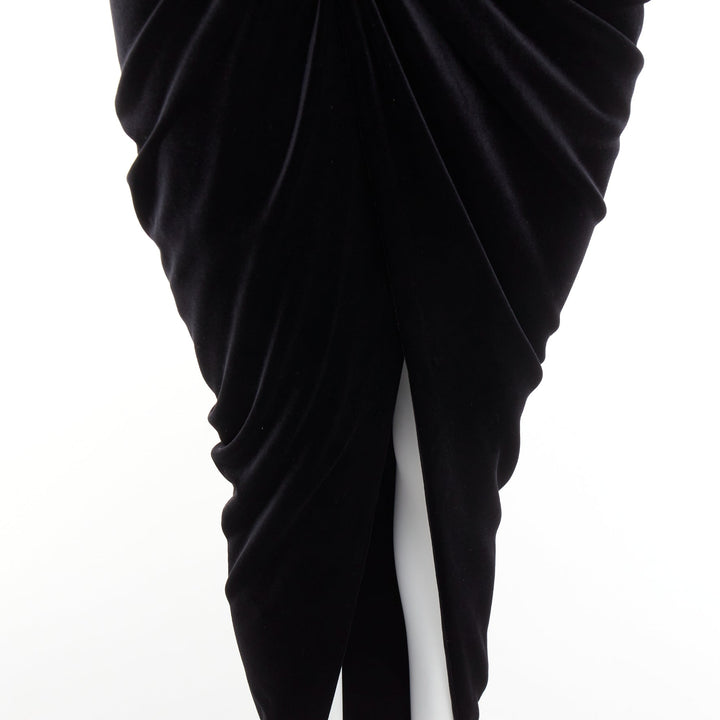 ALEXANDRE VAUTHIER black velvet Power shoulder padded wrap drape slit gown dress