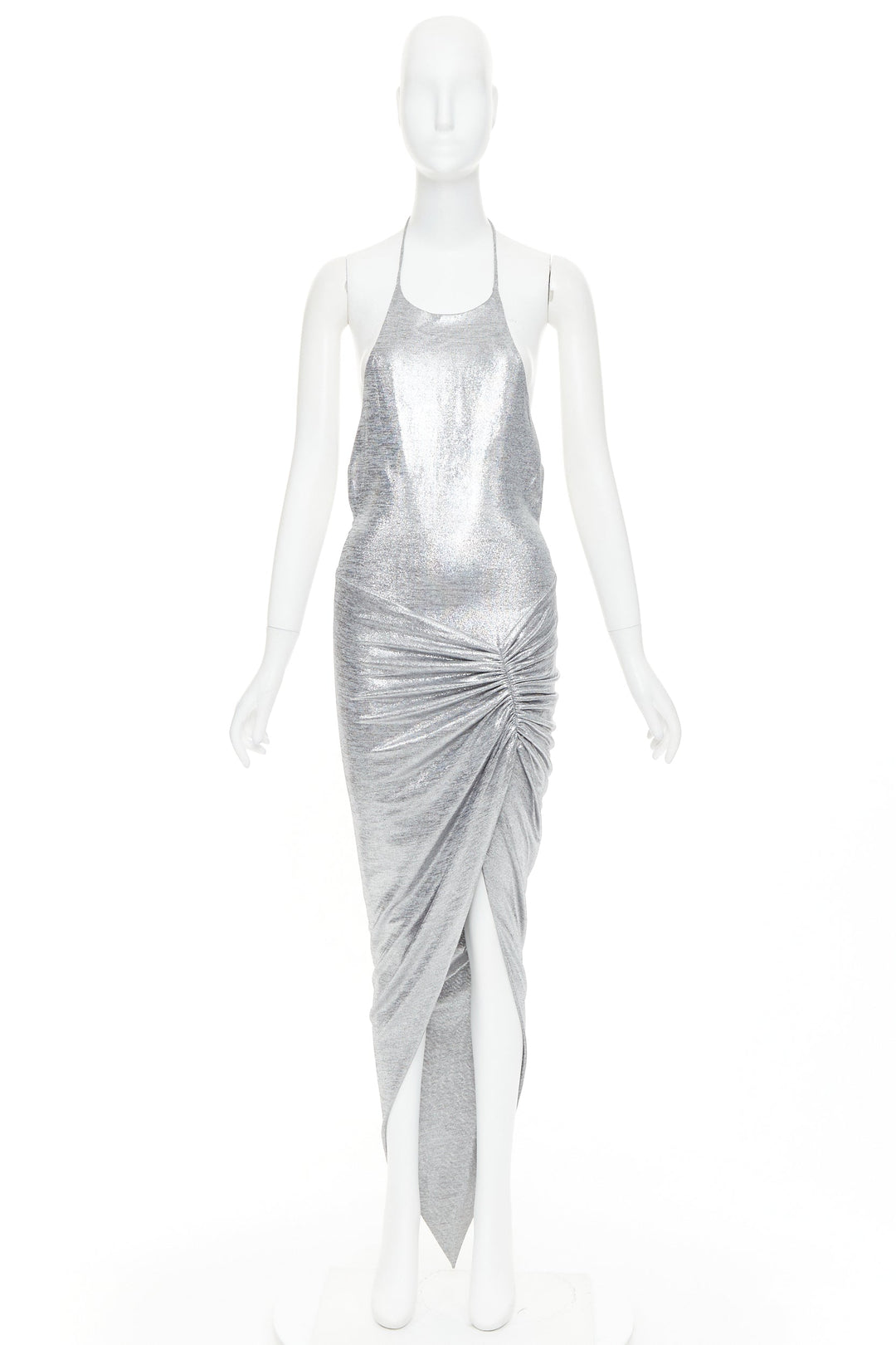 ALEXANDRE VAUTHIER platinum metallic coated jersey halter backless dress FR38 M