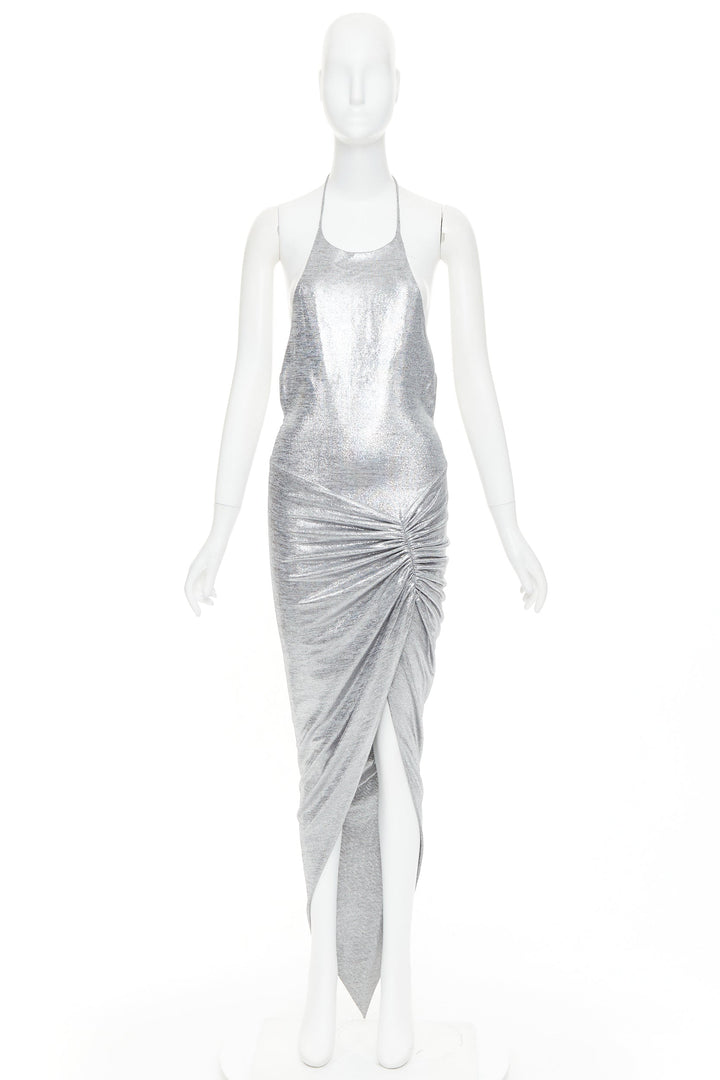 ALEXANDRE VAUTHIER platinum metallic coated jersey halter backless dress FR38 M