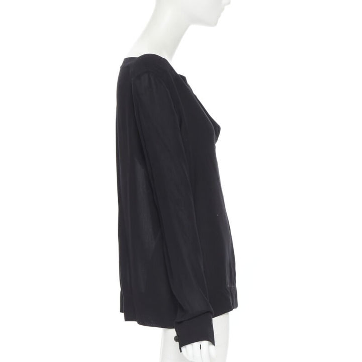 THE ROW black viscose pleated wide boat neck leather button cuff blouse top US2
