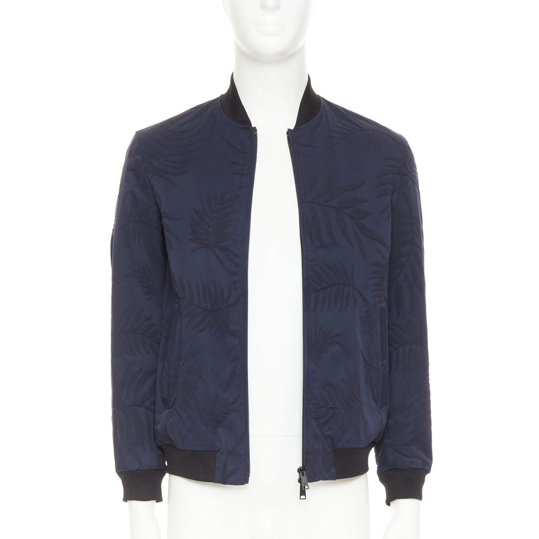 GIORGIO ARMANI navy water repellent Fern leaf jacquard bomber jacket IT46 S