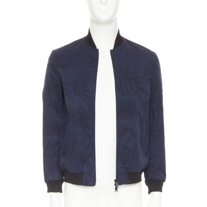 GIORGIO ARMANI navy water repellent Fern leaf jacquard bomber jacket IT46 S