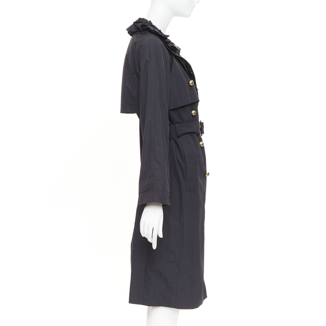 YVES SAINT LAURENT 2006 black nylon ruffle bronze button trench coat FR34 XS
