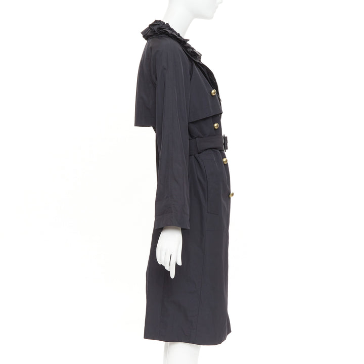 YVES SAINT LAURENT 2006 black nylon ruffle bronze button trench coat FR34 XS