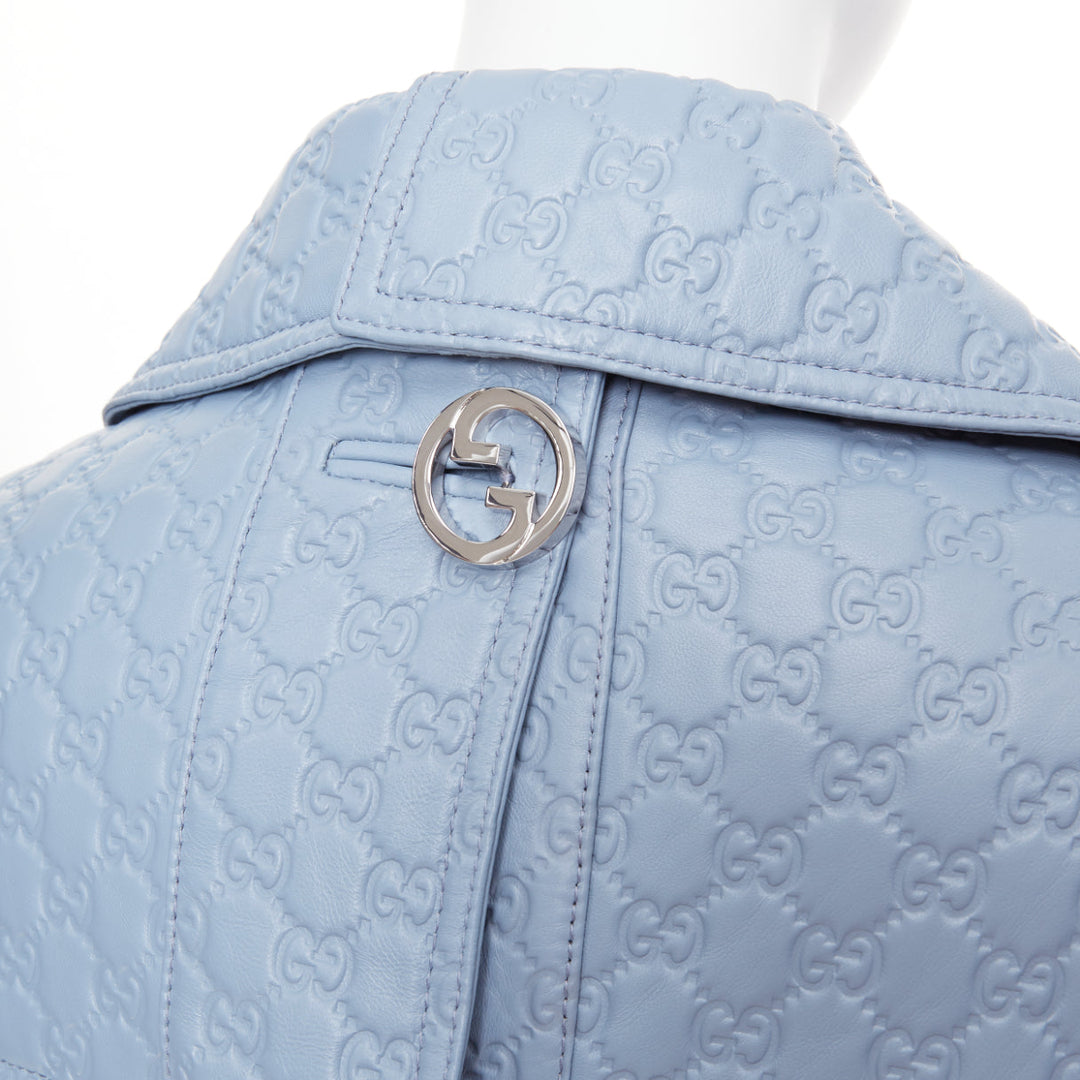 GUCCI 2024 Runway All Over Embossed GG Button Split Back blue leather coat IT38