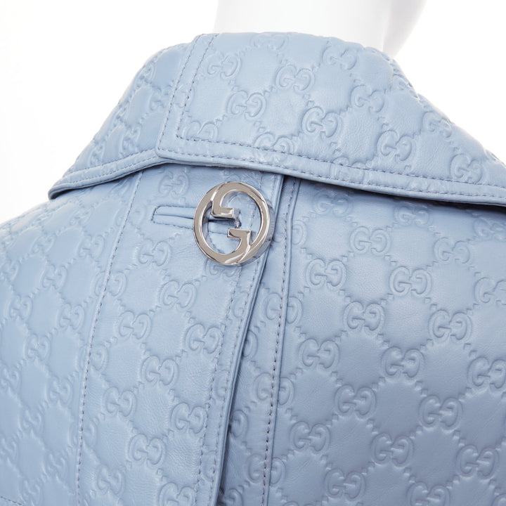 GUCCI 2024 Runway All Over Embossed GG Button Split Back blue leather coat IT38