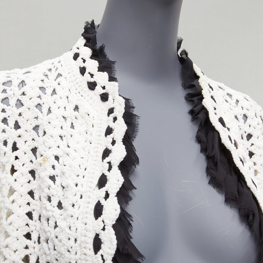 CHANEL 05P Runway cream crochet knit black silk trim cardigan coat FR38 M