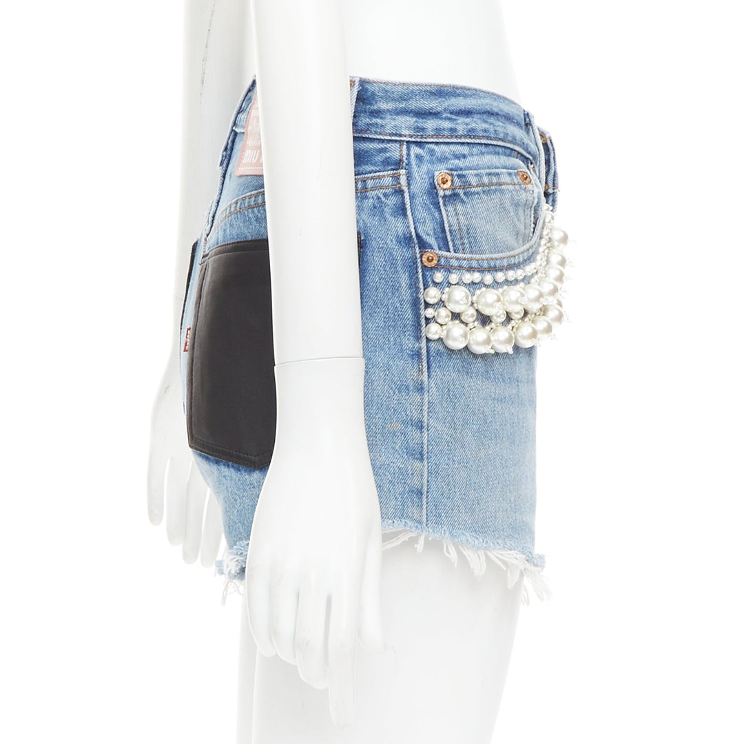 rare MIU MIU LEVI'S 2021 washed denim pearl embellished cut off shorts 25"