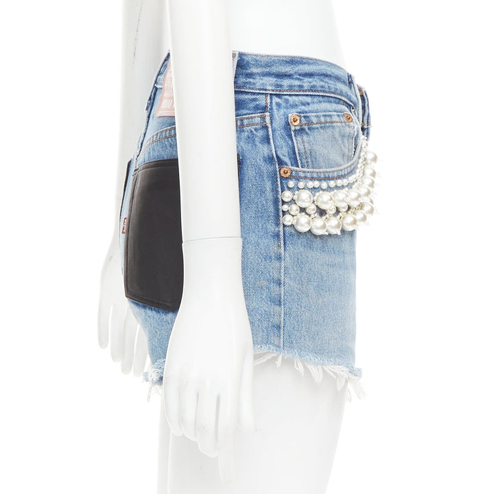 rare MIU MIU LEVI'S 2021 washed denim pearl embellished cut off shorts 25"