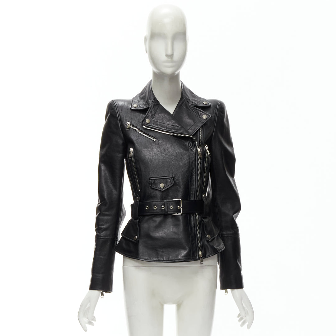 ALEXANDER MCQUEEN 2010 black leather belted peplum biker jacket IT38 XS