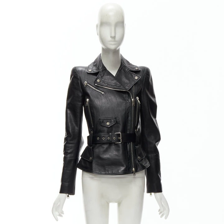 ALEXANDER MCQUEEN 2010 black leather belted peplum biker jacket IT38 XS